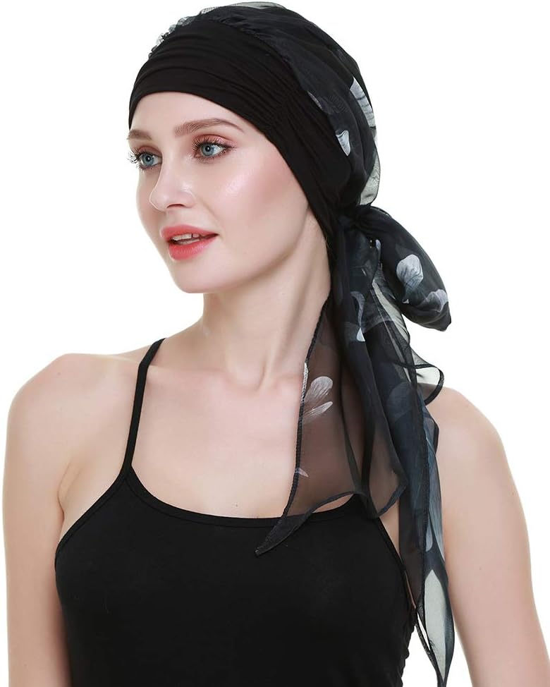 Chemo Headwear Turban Women Long Hair Head Scarf Head Wrap Cancer Hat, white flowers,