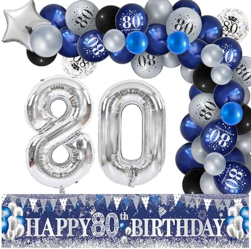Navy Blue 80th Birthday Party Decorations Silver Happy 80th Birth...