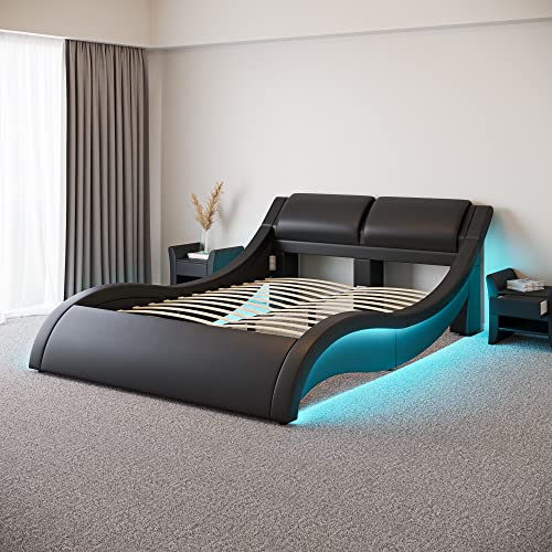 Ztozz Lyon Wave Like Led Bed Frame California King Size - Contemporary Modern Curved Faux Leather Upholstered Platform Bed With Designer Led Lights Headboard - Black Color #TOP6