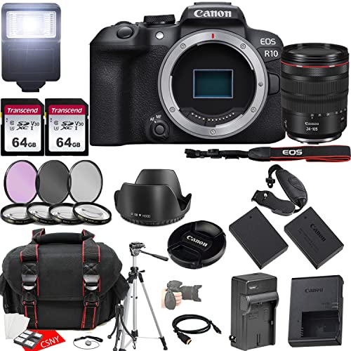 Canon EOS R10 Mirrorless Camera w/RF 24-105mm f/4 L is USM Lens + 2X 64GB Memory + Hood + Case + Filters + Tripod & More (35pc Bundle)