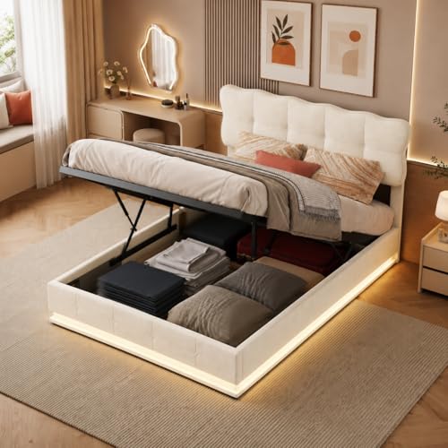 HYNHXBP Lit Coffre 140x190cm avec LED sous Le Lit, Lit Rembourré en Velours Blanc Crème, Tête de Lit Design Capitonnée, Grand Rangement Hydraulique,...