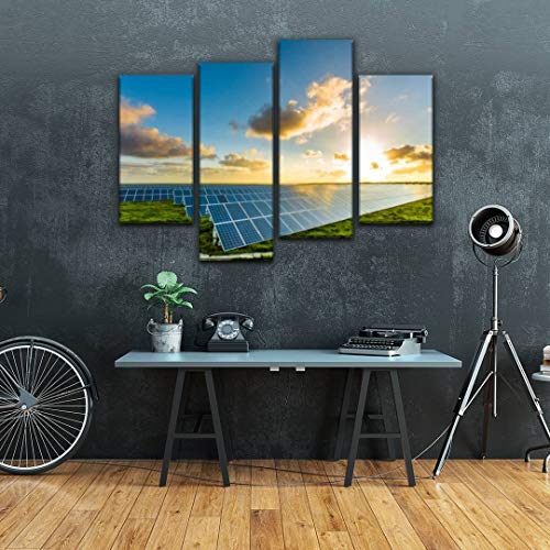 Hipolotus 4 Panel Canvas Pictures Solar Panels At Sunrise With Cloudy Sky In Normandy France Solar Wall Art Prints Paintings Stretched & Framed Poster Home Living Room Decoration Ready To Hang #TOP3