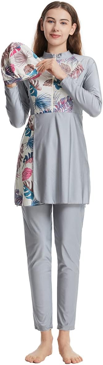 Women Muslim Swimsuit 3 Pieces Islamic Burkini Modest Swimwear Full Cover Rash Guard Long Sleeve Swim Top with Pants Hijab Swimming Costume Tankini Set Summer Beachwear