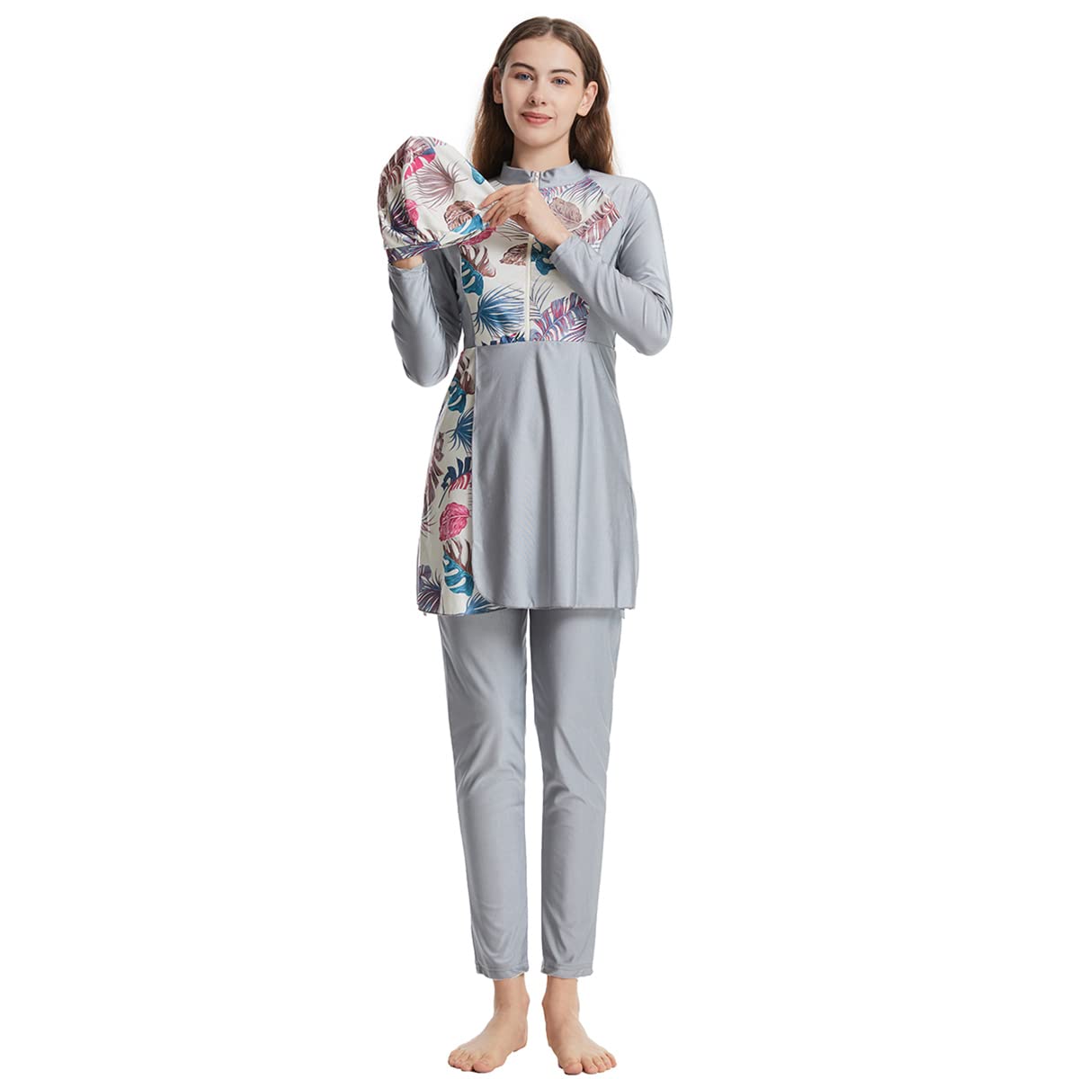 IMEKISWomen Muslim Swimsuit 3 Pieces Islamic Burkini Modest Swimwear Full Cover Rash Guard Long Sleeve Swim Top with Pants Hijab Swimming Costume Tankini Set Summer Beachwear