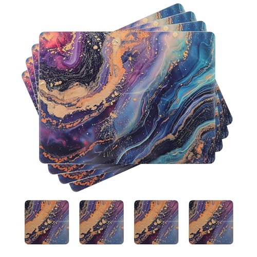 fanquare Cork Placemats and Coasters Set of 4 with Marble Pattern Hard Placemat Cork Backed Easy to Clean Abstract Artistic Mat for Dining Table Décor, Dark Starry Sky