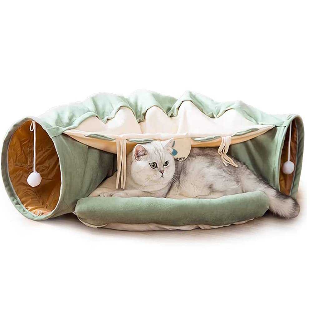Beauenty Cat Toy Collapsible Tunnel Bed Comfortable Cave, Round Hug and Snuggle Hole Pet Nest Bed Channel Detachable Cover Suitable for Kittens-Free 2 Rotating Catnip Balls (Matcha)