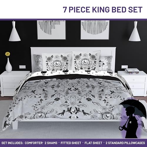 Image of Wednesday Addams King Comforter Set 7 Piece Floral Bedding for Girls, Gray