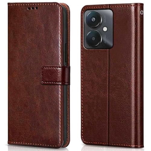 TOUCCH Flip case Mi Redmi 13C 4G / 13C 5G Leather Finish wiith Flexible Design | Card and Money Pocket | Brown- Best and cheap mobile covers in India