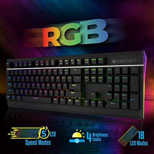 Image of ZEBRONICS ZEB-MAX PRO V2 Premium Mechanical Gaming Keyboard with 104 Tactile Switch Keys, 18 RGB LED Modes, Braided & Gold Plated USB Cable, Integrated Multimedia Keys, Key Removal Tool