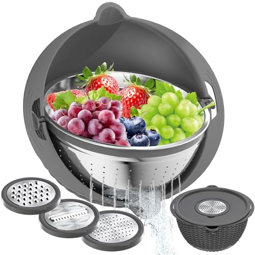 4-in-1 Colander with Bowl Set – Food Strainers and Colanders - Stainless Steel Rotatable Strainer for Fruits & Veggies – Pasta Strainer - Kitchen Essentials - Grey by STOCKPOT - Used condition - US$18.74