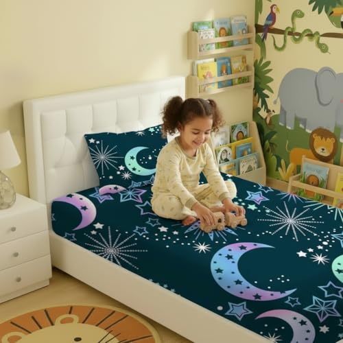 Image of Filymore Moon Star Kids Single Bed Sheet with 1 Pillow Cover 180 TC Soft Microfiber for Kid Room Bedcover Size (90 X 60) inches, Nevyblue and White