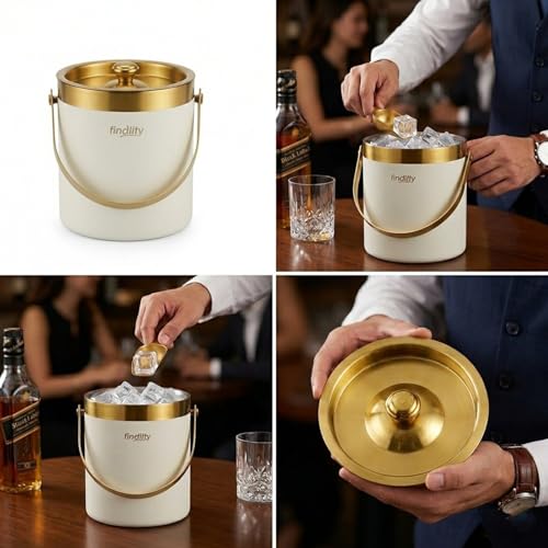 Image of finality 1 LTR Double Walled Stainless Steel Insulated Ice Bucket with Lid (Gold+White)