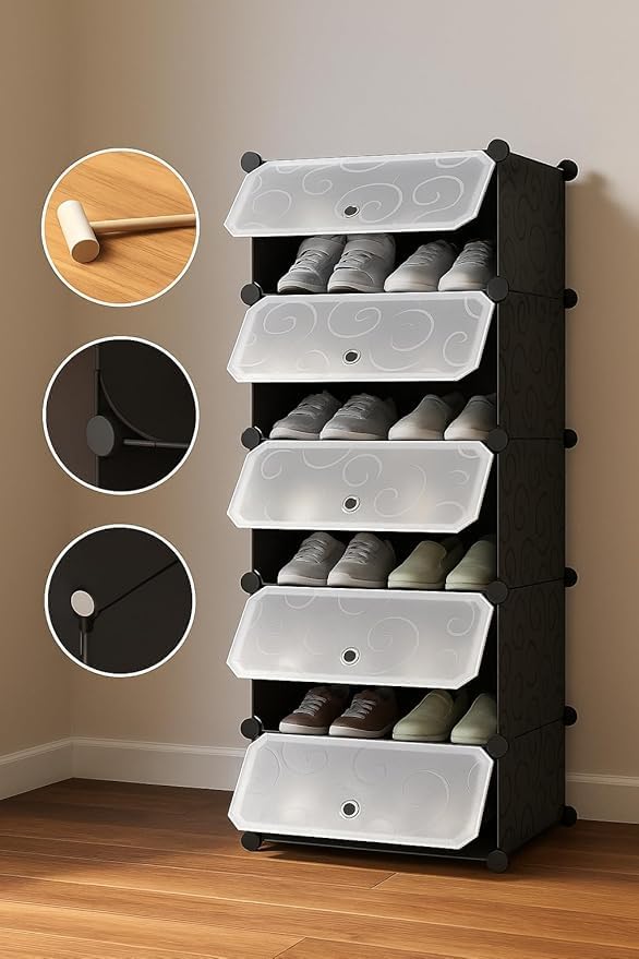 5 Shelf Shoe Rack with Door Magnets for Home Storage | PP Plastic Box Organizer with Metal Door Frame | Chappal, Slipper, Sandals Stand (Black)-image-44