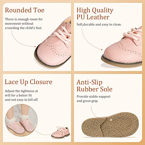 Meckior Toddler Boys Girls Dress Shoes Little Kid Oxford Shoes Wedding Church Dress Shoes Pu Leather Lace Up School Uniform Loafer Flats A/Pink #TOP5