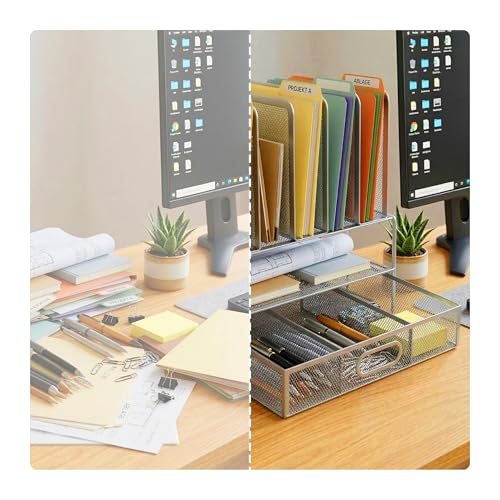 Relaxdays Schreibtisch Organizer, Ordnerhalter mit Schublade & 6 Ablagen, Büro, HBT: 36 x 35 x 24,5 cm, Metall, Silber