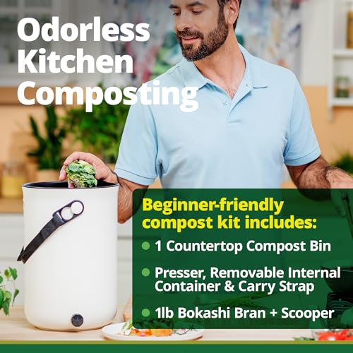 TeraGanix Organko Odor Free Compost Bin, Indoor Compost Starter Kit w/ 1 Lb Bokashi Bran, Countertop Kitchen Compost Bin, Airtight Seal, Spigot, Dishwasher Safe (Cream)