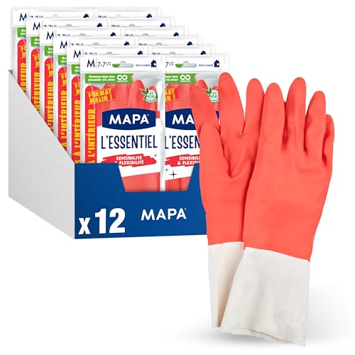 Mapa Spontex - L'Essentiel - 24 Gants de Ménage en Latex intérieur Fibres de Coton - Sensibilité et Flexibilité - Revêtement antidérapant - 12 pack de 2 paires - Taille M