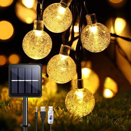 Guirnaldas Luces Exterior Solar, 50LED 8M Led Jardin con USB Recargable,Guirnalda de Luces de Ahorro Energético,8 Modos & Impermeable Cadena de Luce Decoración para Terraza Patio Balcones Fiesta Boda
