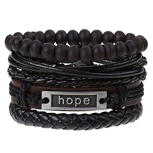 Jewelgenics Multi-Layer Inspirational Hope Words Stone Metal Beads Black Leather Bracelet for Men and Boys (Set of 4) (B085MD4CC8) Amazon Price History, Amazon Price Tracker