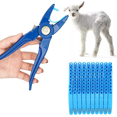 Foto von MOGOULUA Ohrmarkenzange mit 100 Ohrmarken für universelle Nutztiere, Schaf-Tagger, Stanzer, Bauernhof, Tiermarkenzange, Werkzeug für Ziegen, Rinder, Kuh, Schwein, Pferd, Ohrmarken, Installation