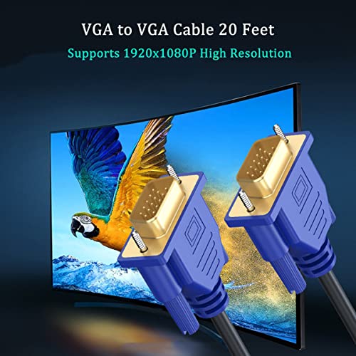 Image of VGA to VGA Cable 20FT, VGA Cord HD15 Computer Monitor Cable 20 Feet 1080P for PC Laptop TV Projector