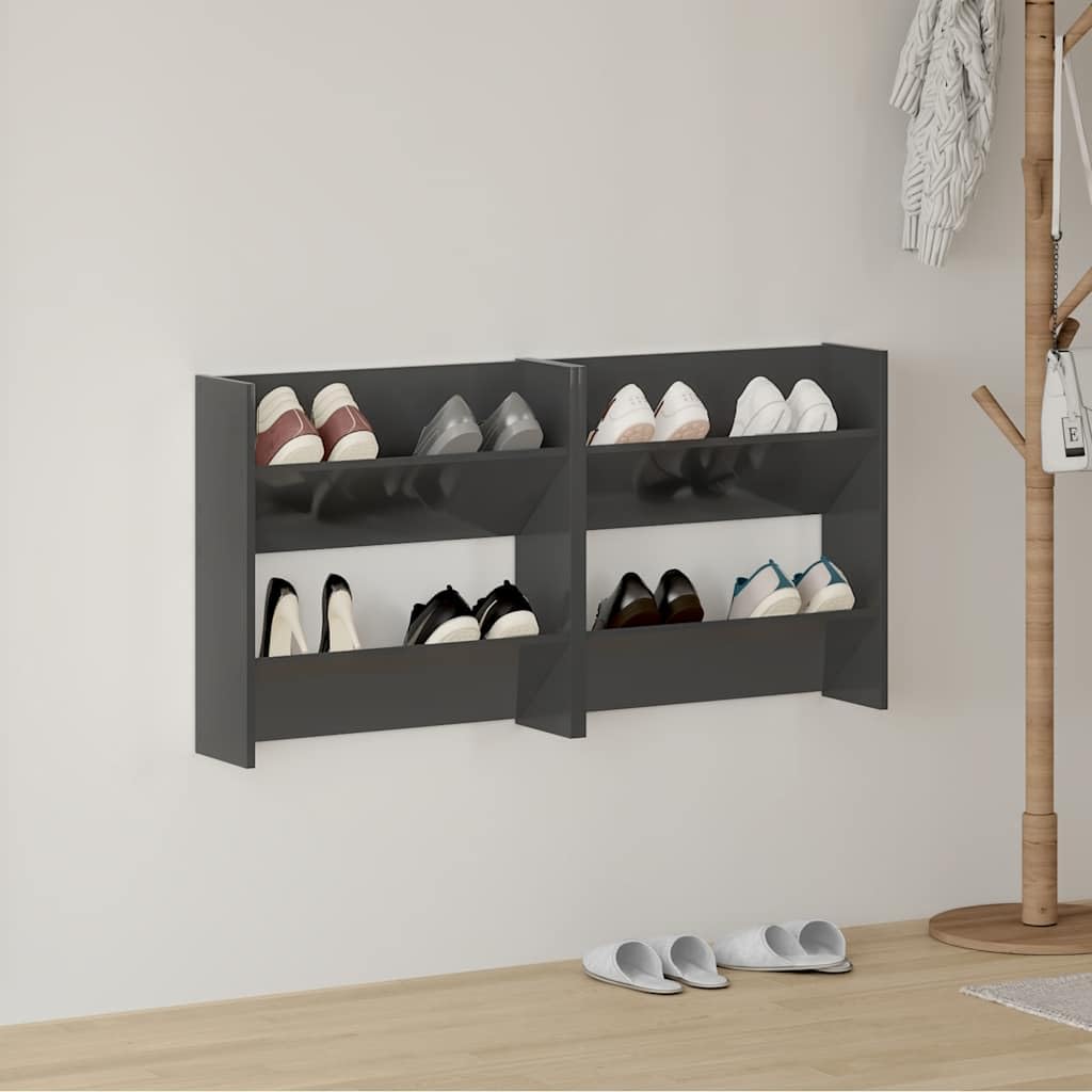 Ściana szafka na buty, wysoki połysk, szara, 60 x 18 x 60 cm, z 2 uchylnymi półkami, oszczędzający miejsce organizer na buty, do przedpokoju, przedpokoju, z metalu drzewnego