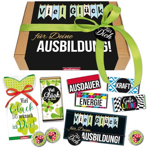 STEINBECK Viel Gl&uuml;ck f&uuml;r die Ausbildung Geschenk Geschenkbox Gl&uuml;cksbringer Schokolade Fruchtgummi Ausbildungsstart Lehre