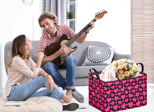 Image of Kid Storage Basket Gift Shelf Basket Toy Storage Bin, Nursery Basket Organizer Box for With Handles for Room Deco Heart Pattern Valentine's Storage Basket