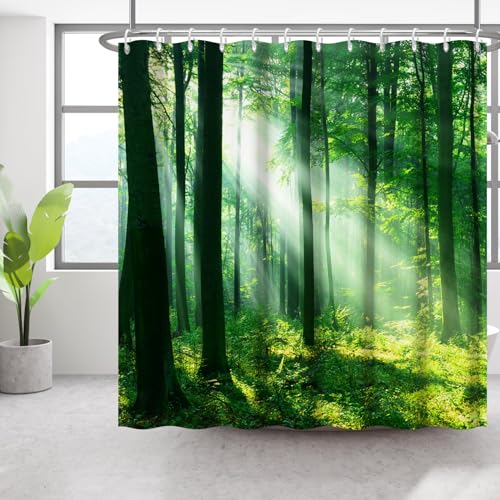 Bovlleetd 71x79inch Forest Shower Curtain Morning Forest Sunlight Bathroom Curtain 3D Printing Forest Scenery Natural Shower Curtain Green Woodland Waterproof Bath Curtain