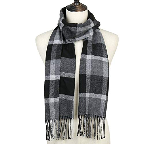 NININI Wool Scarf Gray and Black Grid Long Tassel Windproof Easy to Carry Lightweight Multipurpose Cozy Soft Chic Casual Warm Shawl Wraps Cashmere Autumn Winter for Unisex