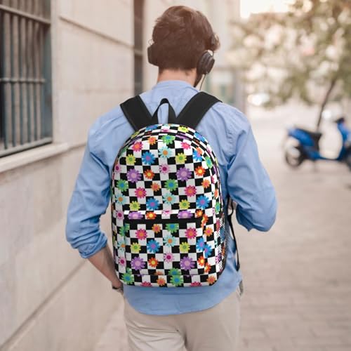 Colorful Rainbow Daisy Black White Checker Fashionable Daypack 17 Inches Zippers Backpack Double Shoulder Bag for Women Men4
