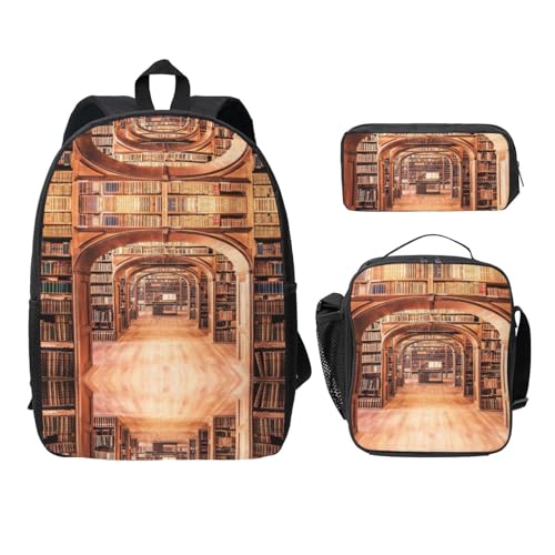 Sac à dos imprimé bibliothèque pour le collège avec sac repas et trousse noirs