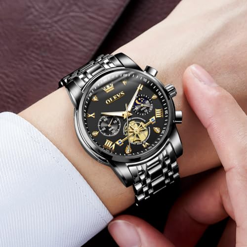 Image of OLEVS Watch Men Luxury Chronograph Stainless Steel Wrist Dress Waterproof Watch Quartz Analog Large Face Luminous