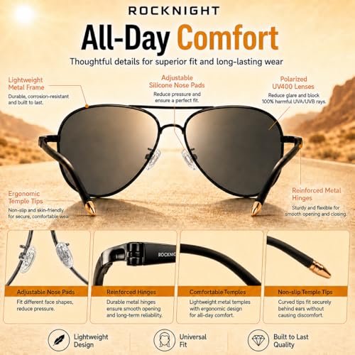 Image of ROCKNIGHT Polarized Aviator Sunglasses for Men Women Metal Frame Flat Top Sunglasses Ultralight Silver Mirror Lens UV400 Outdoors