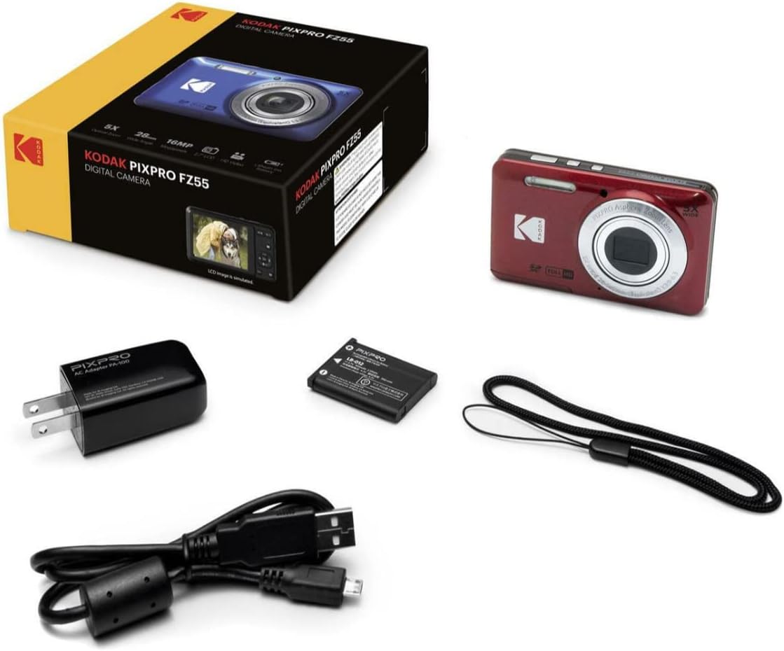 Kodak PIXPRO Friendly Zoom FZ55 (Red) with 32GB Memory Card Bundle