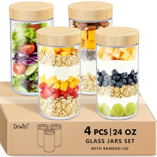 Image of DRKIO 24 Oz Overnight Oats Containers with Lids Glass Jars with Bamboo Lids | 4 Pack Mason Jars, Leak-proof and Airtight, Wide-mouth Design for Versatile Storage & Meal prep, Easy to Open and Stackable