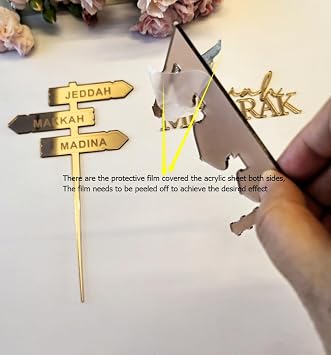 Umrah Mubarak Cake Topper Set - Jeddah/Makkah/Medina Signpost Cake Topper,Umrah Mubarak Charm Topper, Mosque Charm for Islamic Celebrations (Rose Gold)