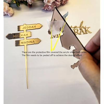 Umrah Mubarak Cake Topper Set - Jeddah/Makkah/Medina Signpost Cake Topper,Umrah Mubarak Charm Topper, Mosque Charm for Islamic Celebrations (Rose Gold)