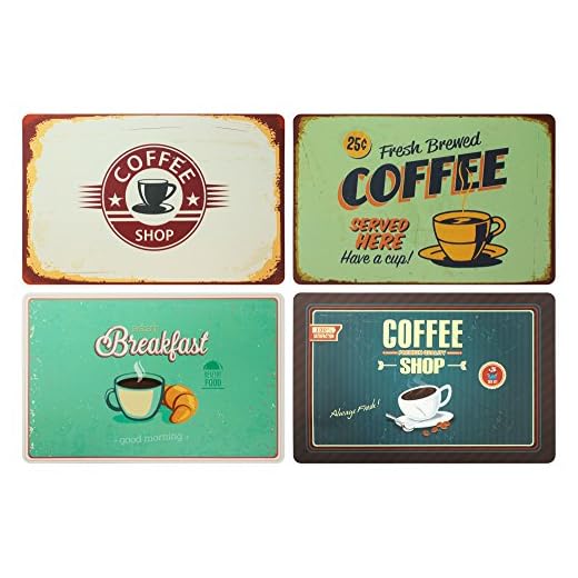 Set di 4 tovagliette da colazione: Look retrò caffè, coffee shop, breakfast, insegna cafè – tovagliette in plastica lavabile 43 x 28 cm