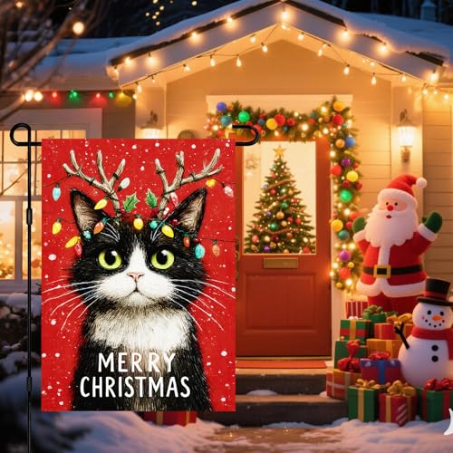 Image of BlissYard Christmas Garden Flag 12x18 Inch Welcome Cat Yard Flag Double Sided Outdoor Banner with Reindeer Antlers and Red Snow Background for Porch Lawn Patio