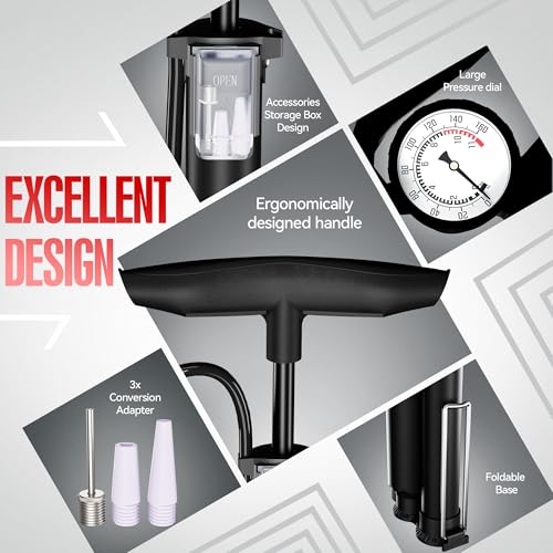 NailHsing Bike Floor Pump with Gauge: 160 PSI High Pressure Bicycle Pumps - 3 Valve Adapters - Suitable for Road/Mountain Bike Tires, Motorcycles, Balls, and Inflatable Toys