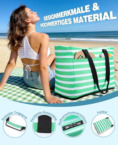 ISEYOU Strandtasche XXL Familie mit Kühltasche, Groß Strandtasche mit Reißverschluss Wasserdicht Sanddicht, Handtasche Damen 49L, Faltbar Badetasche für Urlaub Reisen Fitnessstudio Picknick