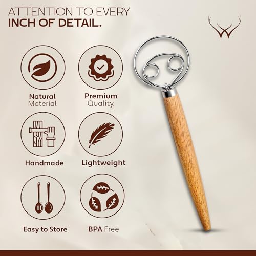 Image of 13 Inch Danish Dough Whisk Stainless Steel Hook with Long Wooden Handle - Essential Dough Whisk & Sourdough Bread Baking Supplies for Mixing, Whisking & Baking Pizza Dough