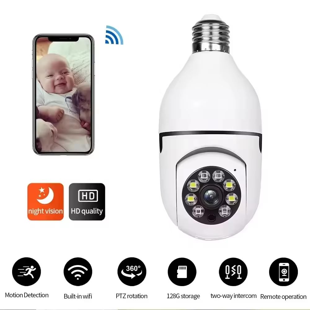 2 Piezas Cámara de Bombilla, Cámara IP con Bombilla E27 Cámaras PTZ 360 Grados Camara WiFi Exterior Visión Nocturna en Color + Detección de Movimiento + Audio Bidireccional