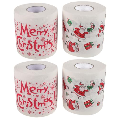 VILLFUL 4 Rollos Papel Higiénico Navideño Doble Unidades con Diseño Santa Claus Árbol y Letras Divertido para Fiestas Navidad y Regalo Original
