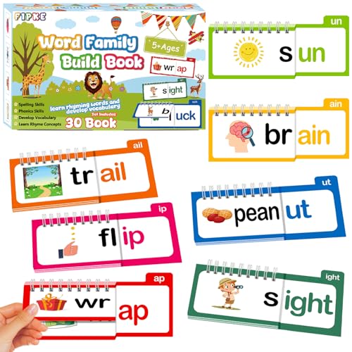 Word Family Build Book, 30 Read and Rhyme Flip Activity Book, ABC Vocabulary Flash Cards CVC Words Reading Games for Kids Ages 4-8 Preschool Learning Activities Families Educational Games