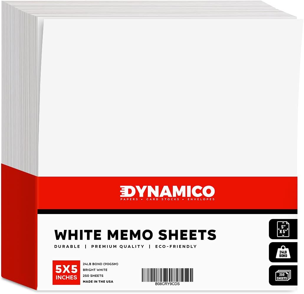 Dynamico White Memo Sheets Paper – Perfect for Quick Notes, To-Do Lists and Reminders for School, Office and Business | 5 x 5 Inches | 24lb Bond (90gsm) Paper | 250 Sheets per Pack