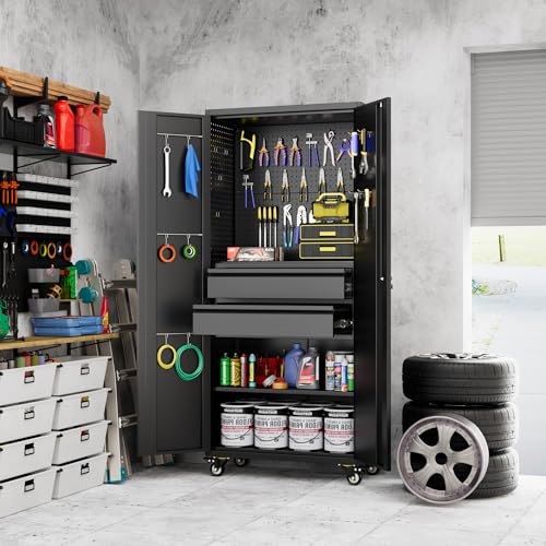 Image of Metal Garage Storage Cabinet with Wheels, 2 Internal Drawers