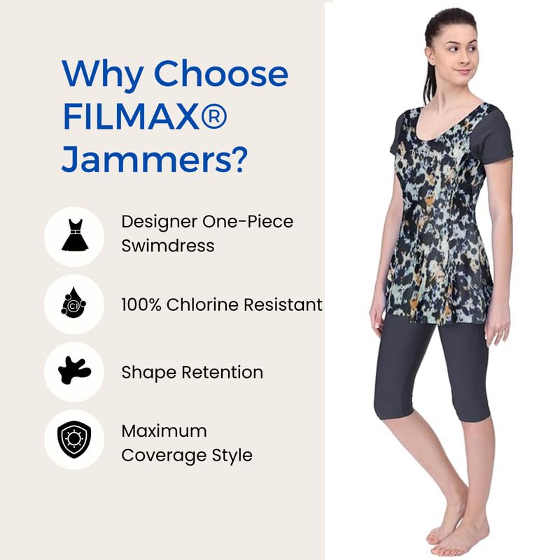Image of Originals Swimming Costume for Women's One-Piece Beach Wear with Sleeve & Skirted 3 /4 Leggings Maximum Covered Swim Wear Dress (L - 7XL)