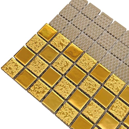 Hominter Gold Mosaic Ceramic Tile Glossy Textured Porcelain for Backsplash in Kitchen & Bathroom, Shower Floor and Wall, Fireplace Decor (5 Square Feet) - Image 5
